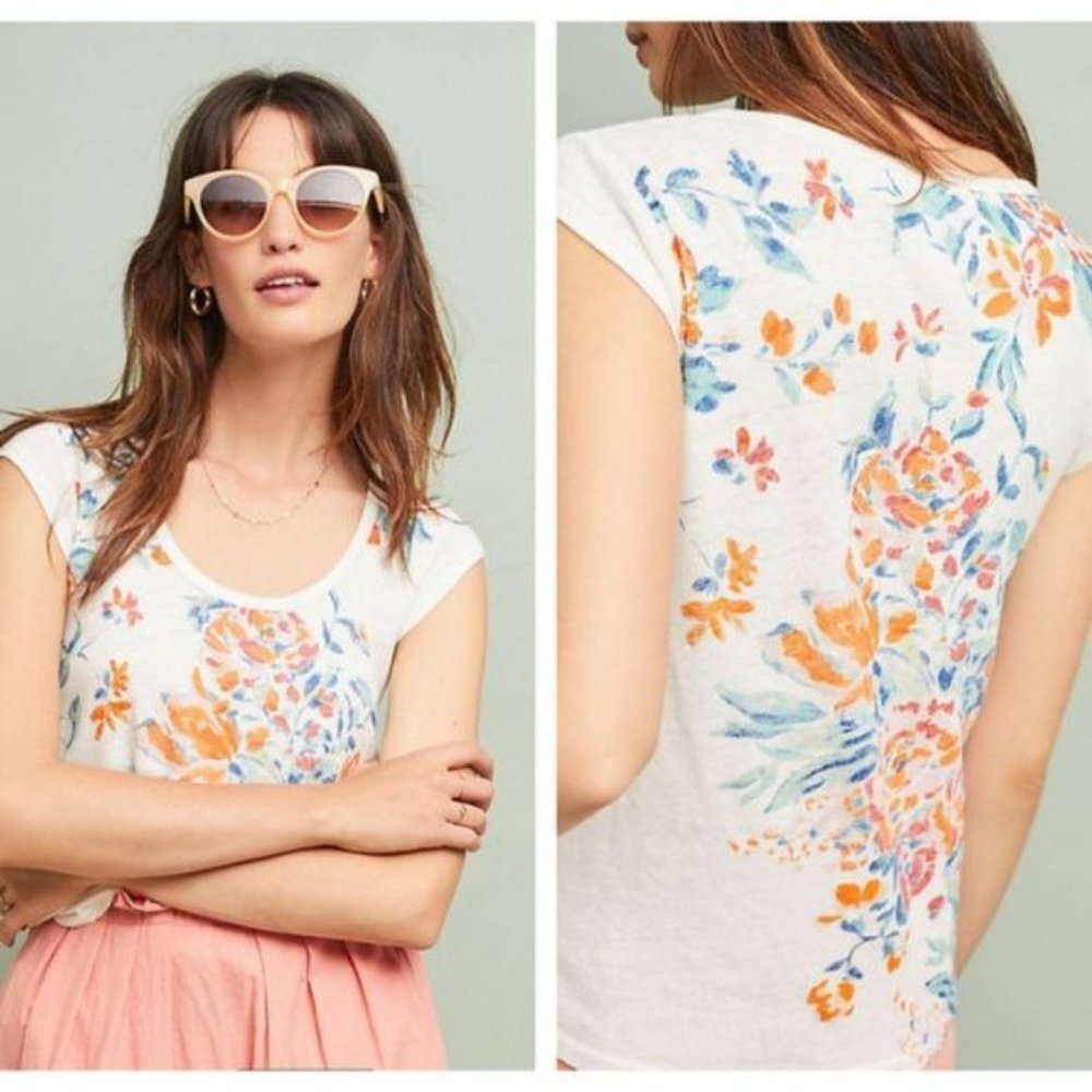 Anthropologie Meadow Rue Small Watercolor Floral Tee Top Linen White Orange